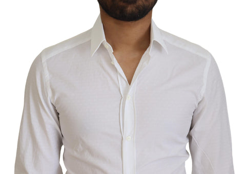 White cotton slim fit formal dress shirt by Dolce & Gabbana, featuring a gold accent detail and classic collar.