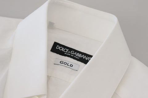 White cotton slim fit formal dress shirt by Dolce & Gabbana, featuring a gold-tone collar and button details.
