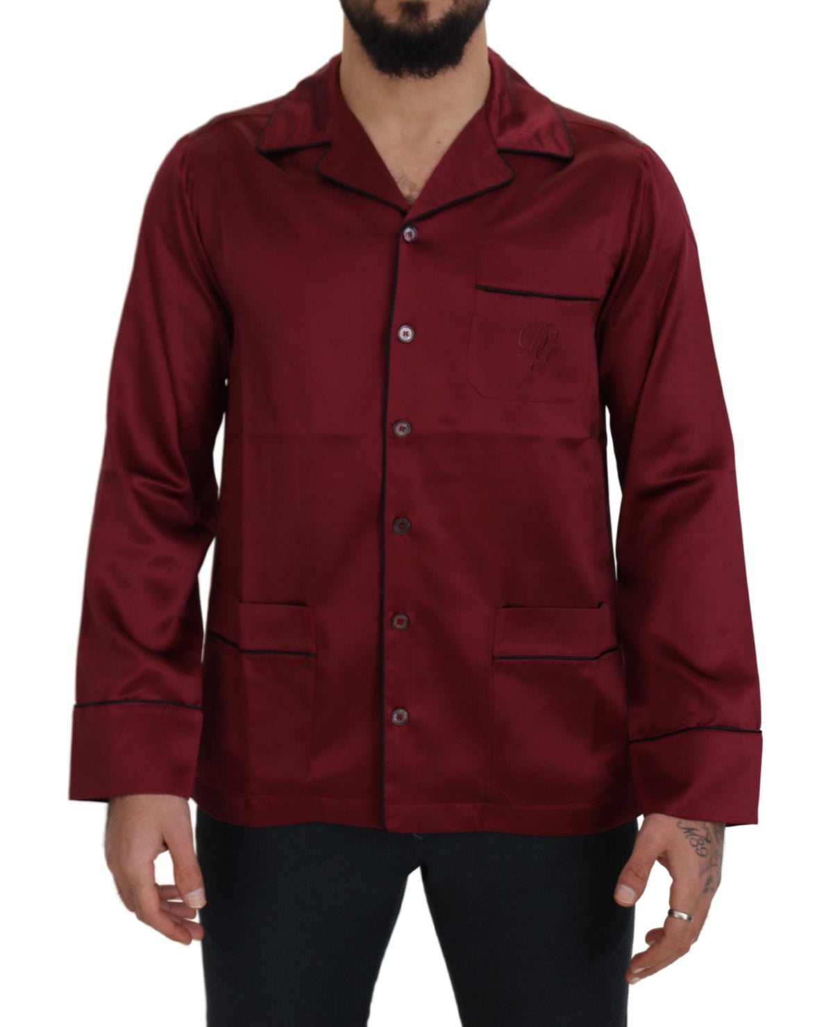 Red silk lounge top pajama sleepwear shirt by Dolce & Gabbana, featuring a smooth, elegant fabric and relaxed fit.