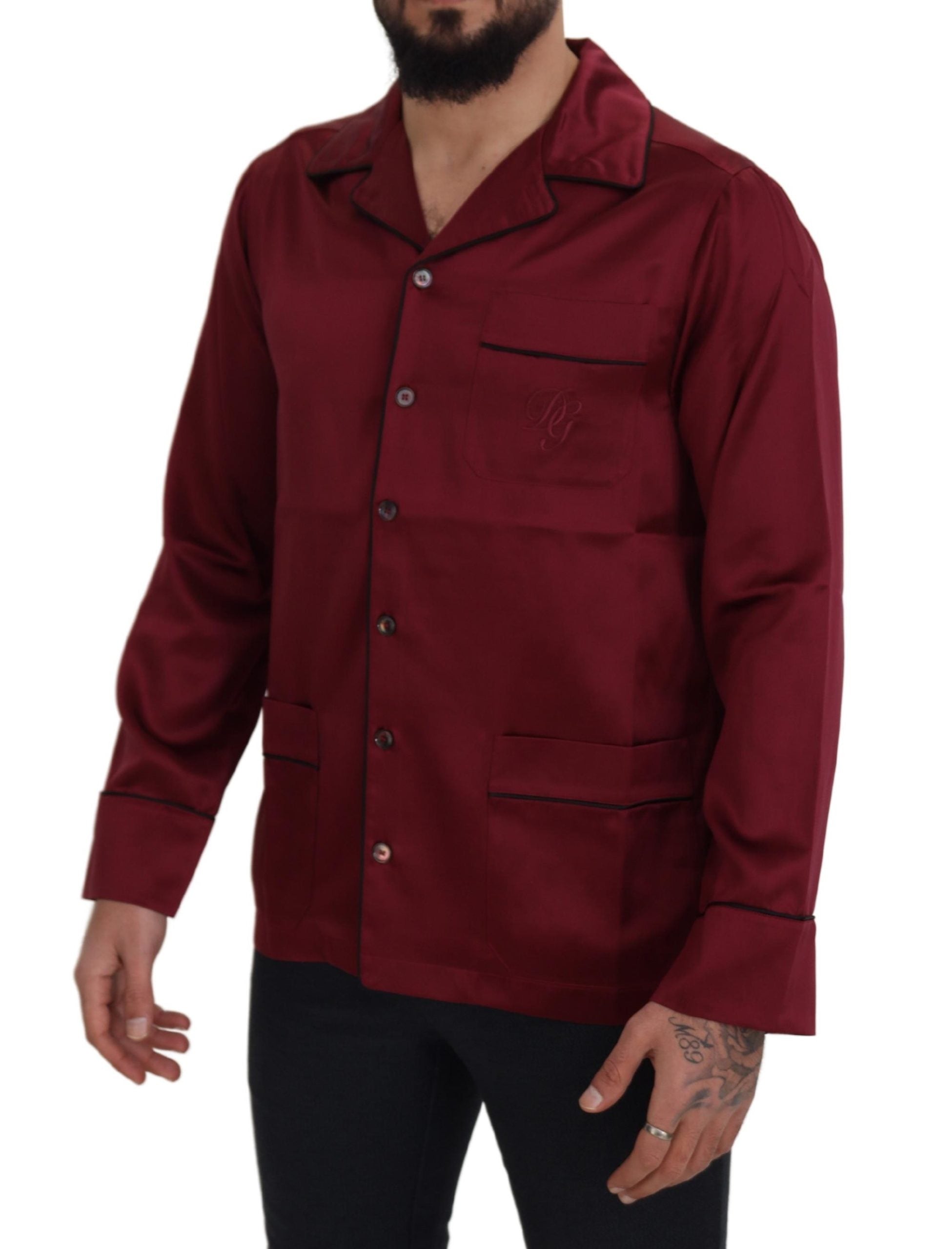 Red silk lounge top pajama sleepwear shirt by Dolce & Gabbana, featuring a comfortable fit and elegant design.