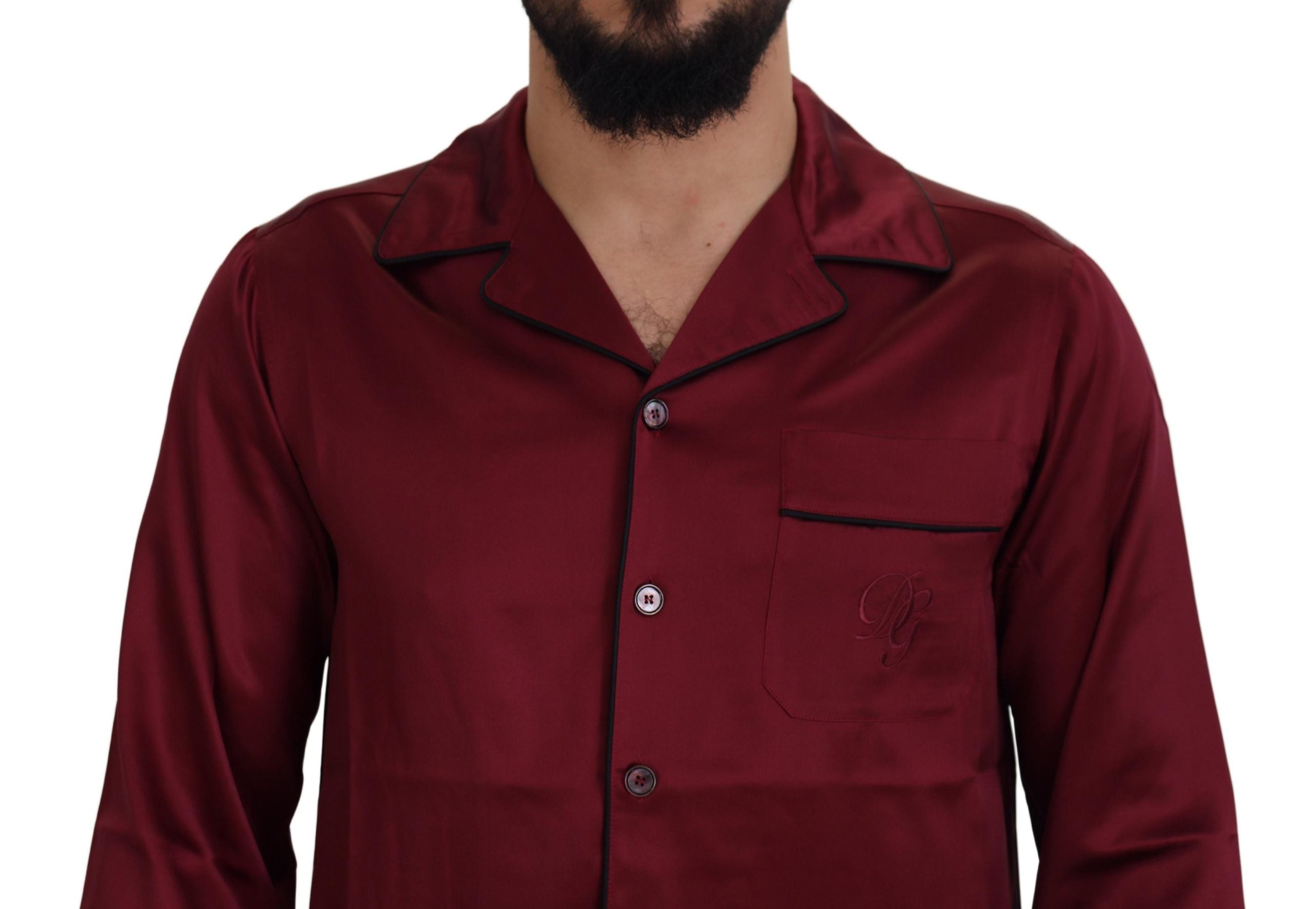 Red silk lounge top pajama sleepwear shirt by Dolce & Gabbana, featuring a smooth, luxurious fabric and relaxed fit.