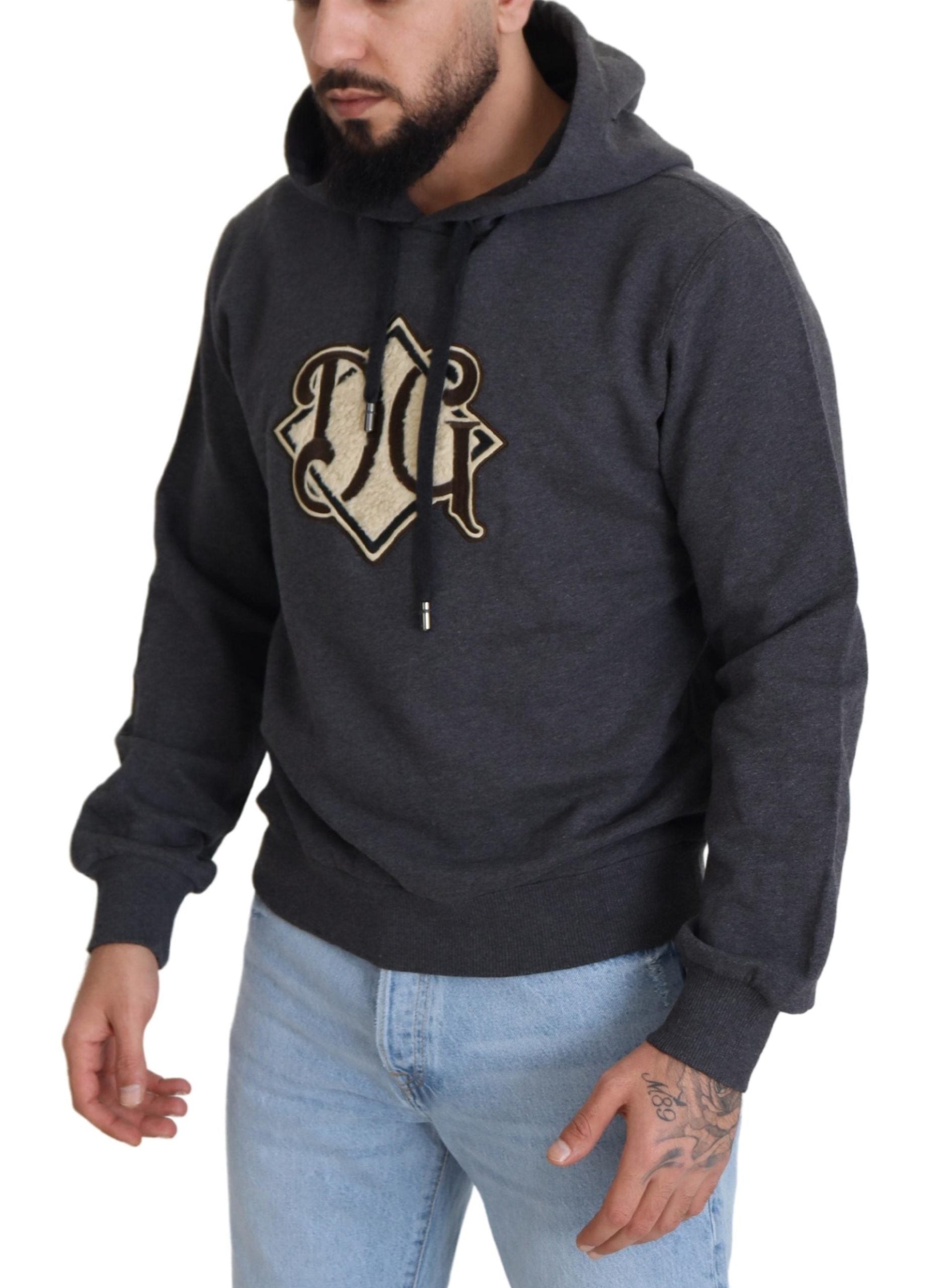 Gray Dolce & Gabbana logo cotton hooded sweatshirt with a front pocket, casual and comfortable for everyday wear.