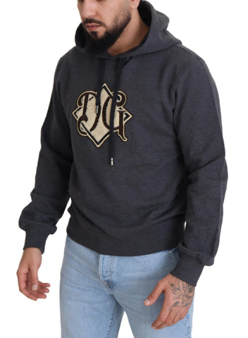 Gray Dolce & Gabbana logo cotton hooded sweatshirt with a front pocket, casual and comfortable for everyday wear.