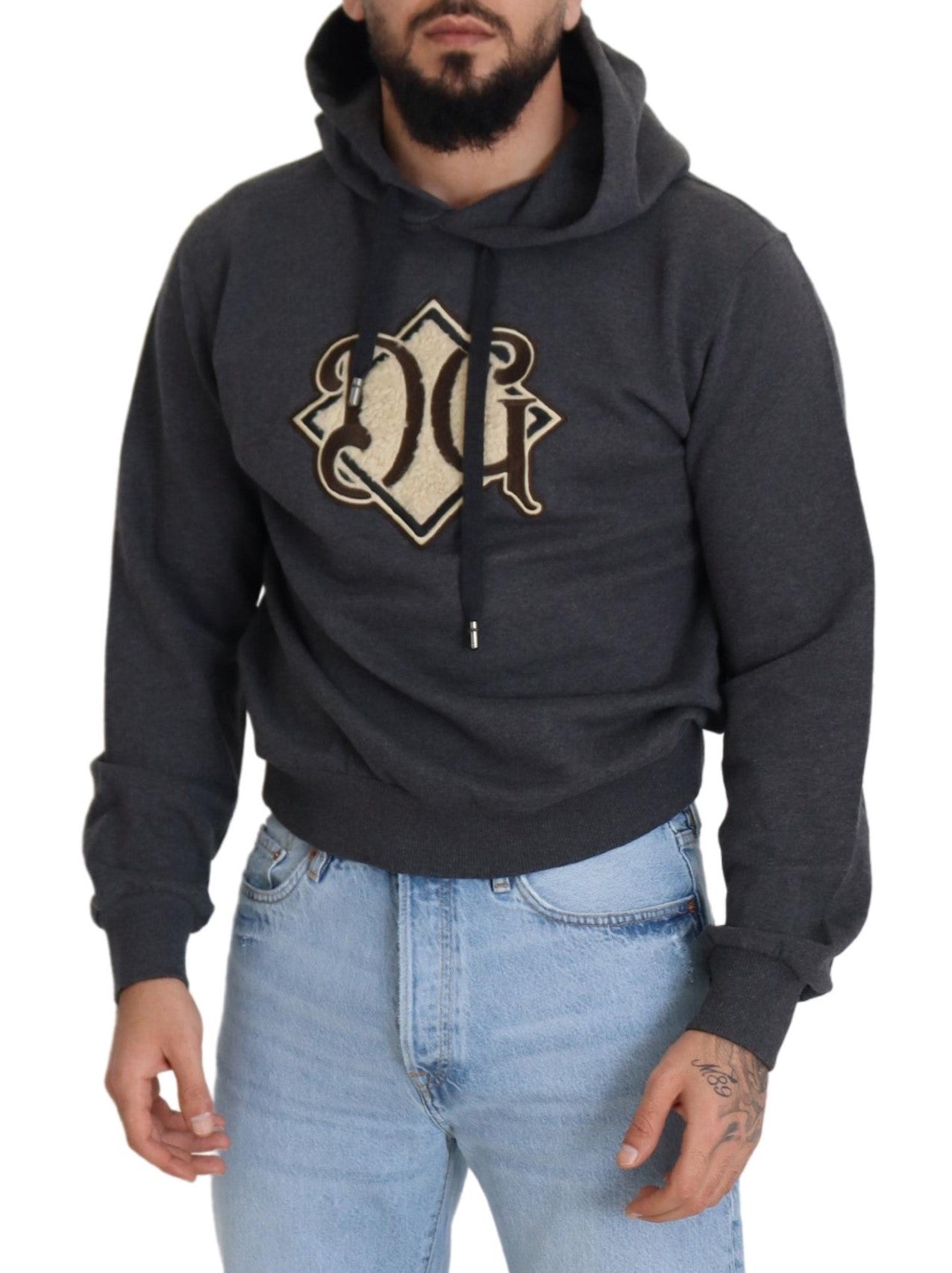 Gray Dolce & Gabbana logo cotton hooded sweatshirt with front pocket and relaxed fit, casual and stylish for everyday wear.