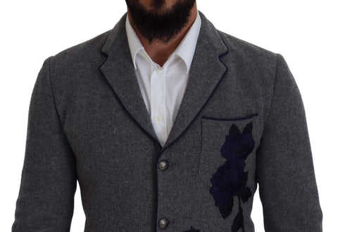 Gray wool roses slim fit blazer by Dolce & Gabbana, tailored jacket with floral detail, structured lapel and classic design.