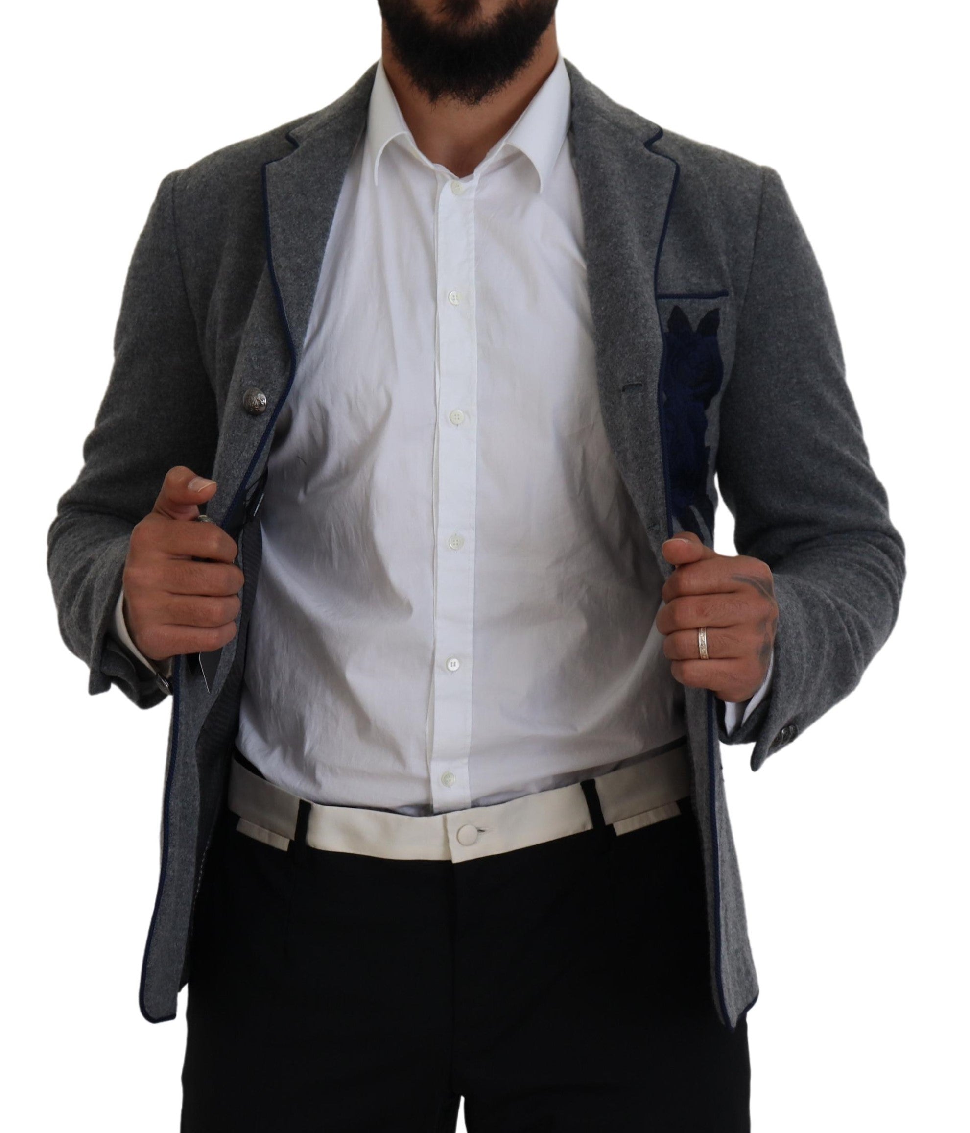 Gray wool blazer with rose embroidery, slim fit jacket by Dolce & Gabbana, tailored for a sophisticated look.