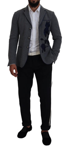 Gray wool roses slim fit blazer by Dolce & Gabbana, tailored jacket with floral rose details and a sleek, modern fit.