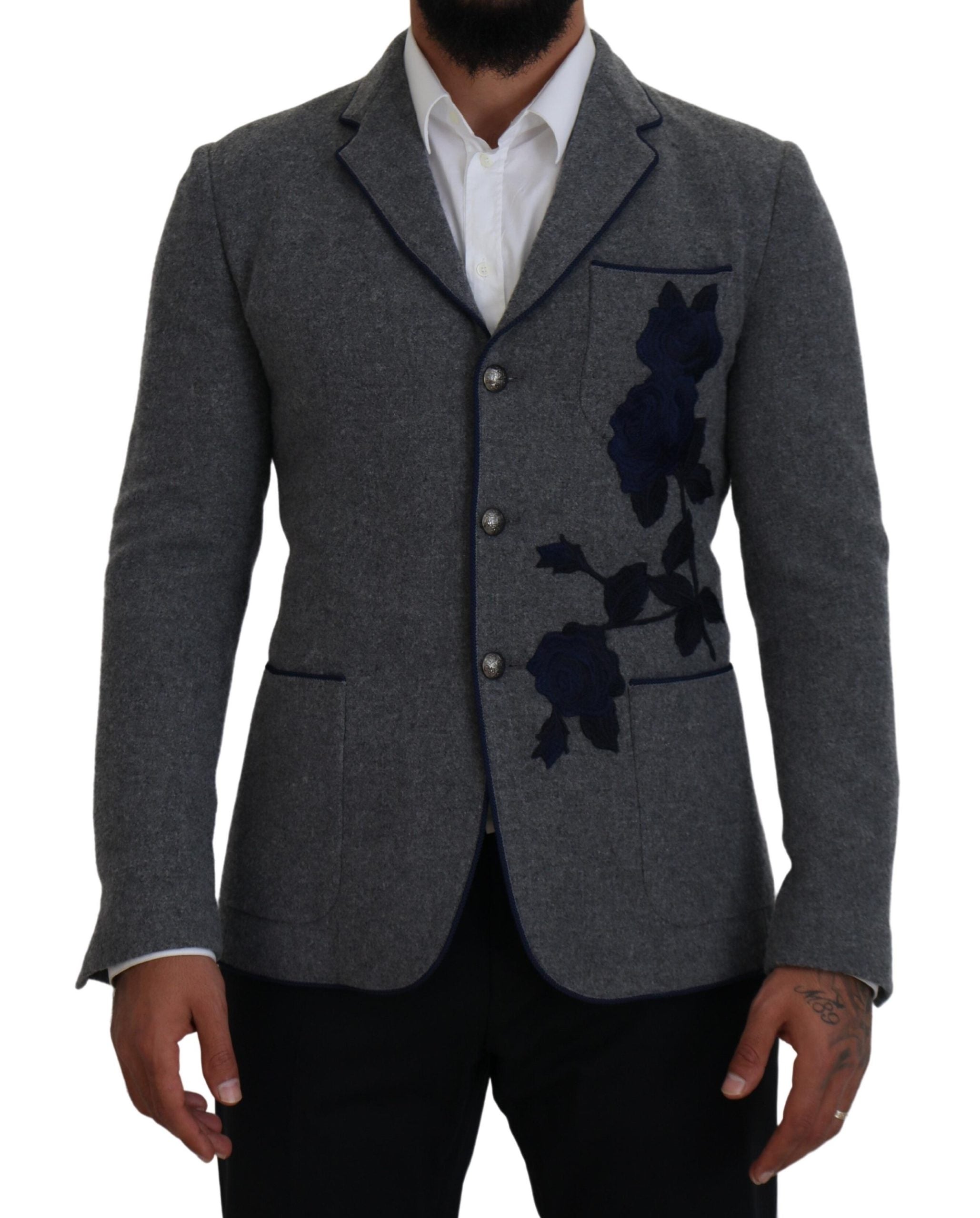 Gray wool blazer with rose embroidery, slim fit Dolce & Gabbana jacket featuring tailored design and classic lapel collar.