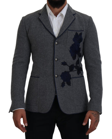 Gray wool blazer with rose embroidery, slim fit Dolce & Gabbana jacket featuring tailored design and classic lapel collar.