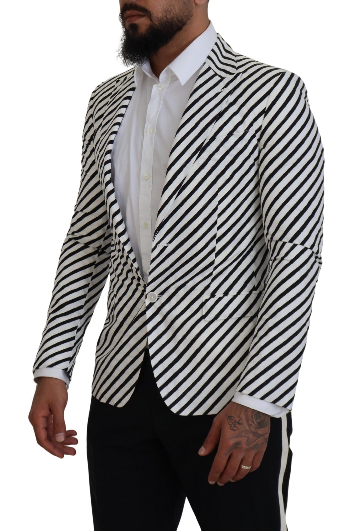 White and black striped Dolce & Gabbana slim fit blazer jacket with tailored design and button closure.