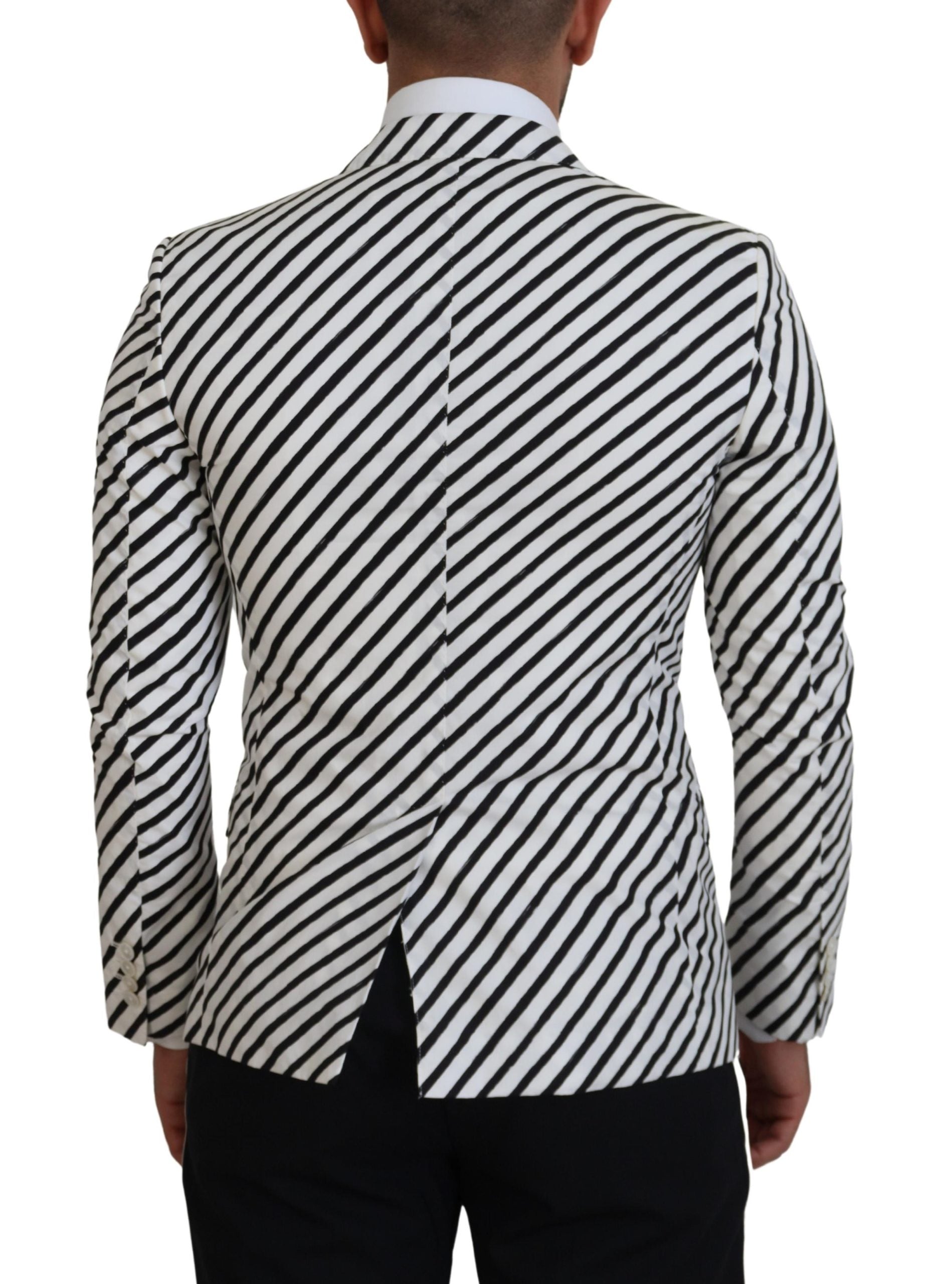 White and black striped slim fit blazer jacket by Dolce & Gabbana, shown with a tailored fit and classic lapel design.