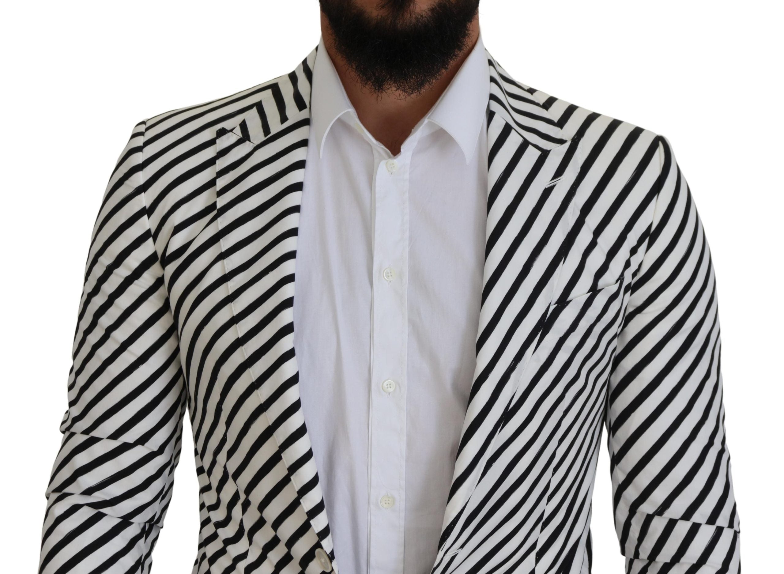 White and black striped slim fit blazer jacket by Dolce & Gabbana, shown on a hanger.