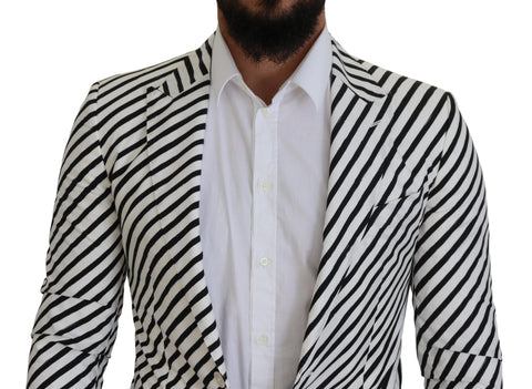 White and black striped slim fit blazer jacket by Dolce & Gabbana, shown on a hanger.