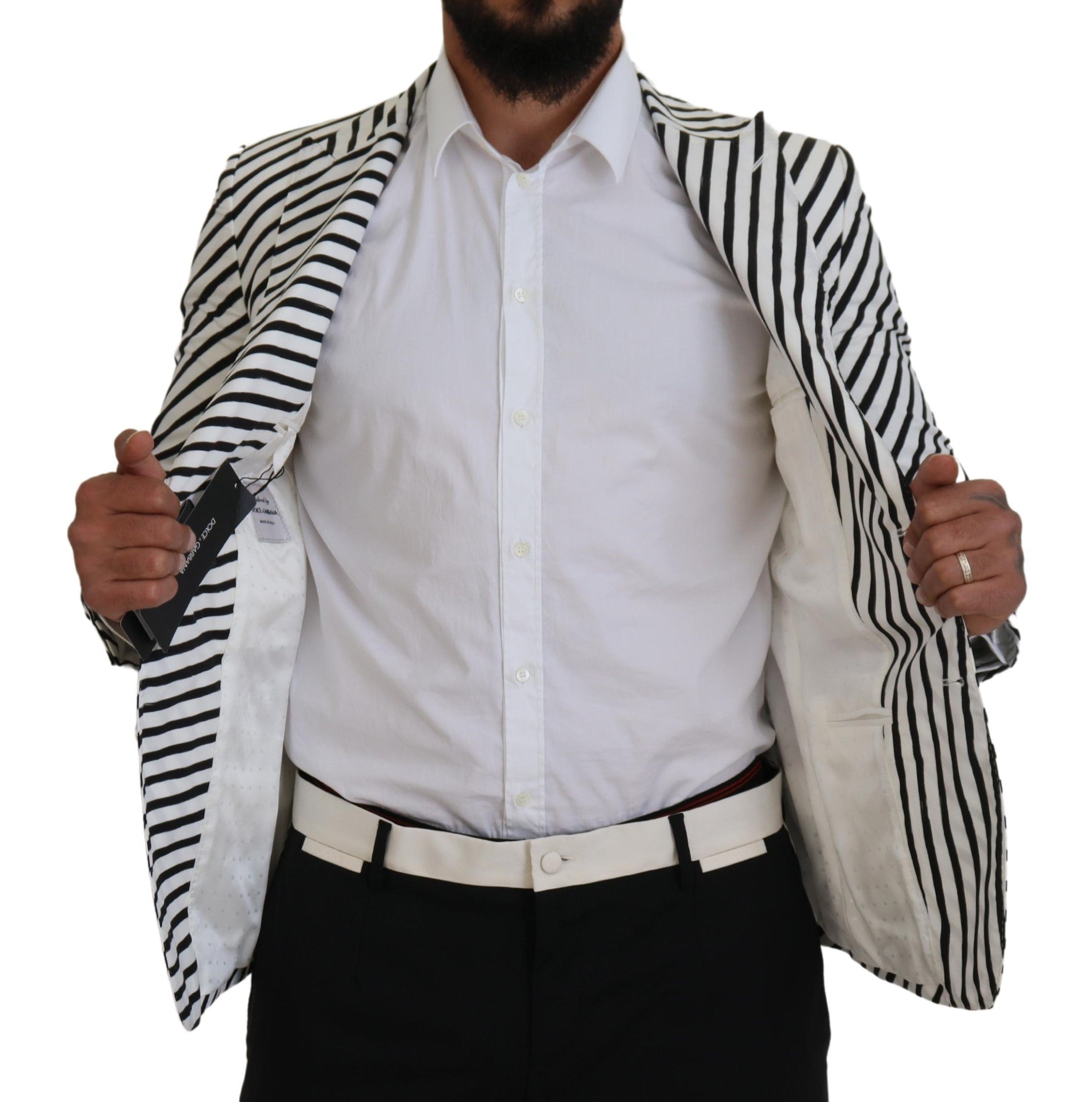 White and black striped slim fit jacket blazer by Dolce & Gabbana, featuring tailored design and classic style.