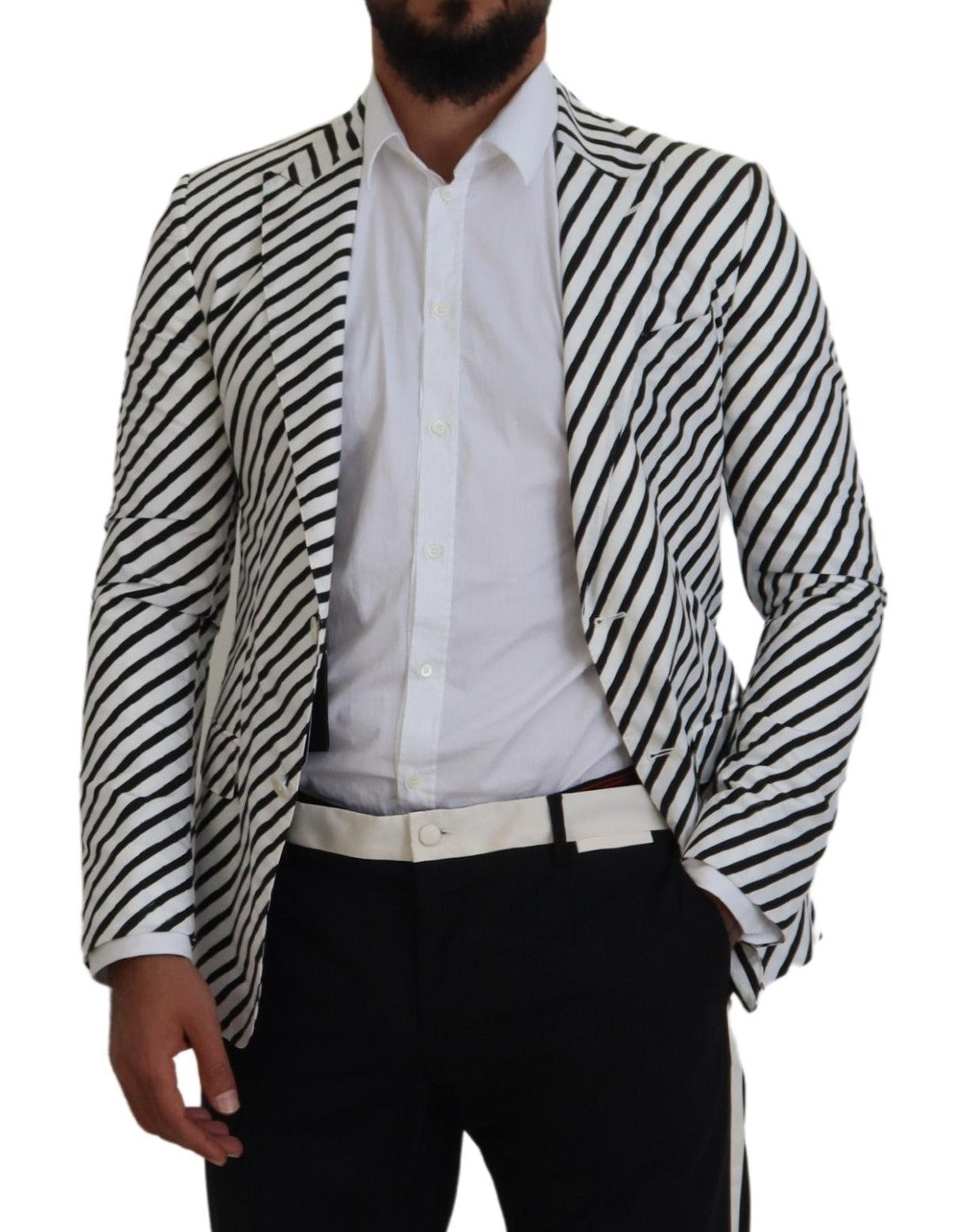 White and black striped slim fit blazer jacket by Dolce & Gabbana, featuring tailored design and classic lapel collar.