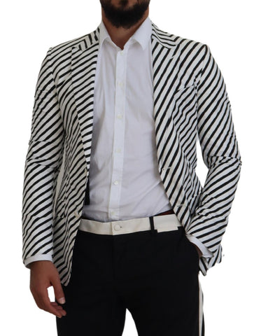 White and black striped slim fit blazer jacket by Dolce & Gabbana, featuring tailored design and classic lapel collar.