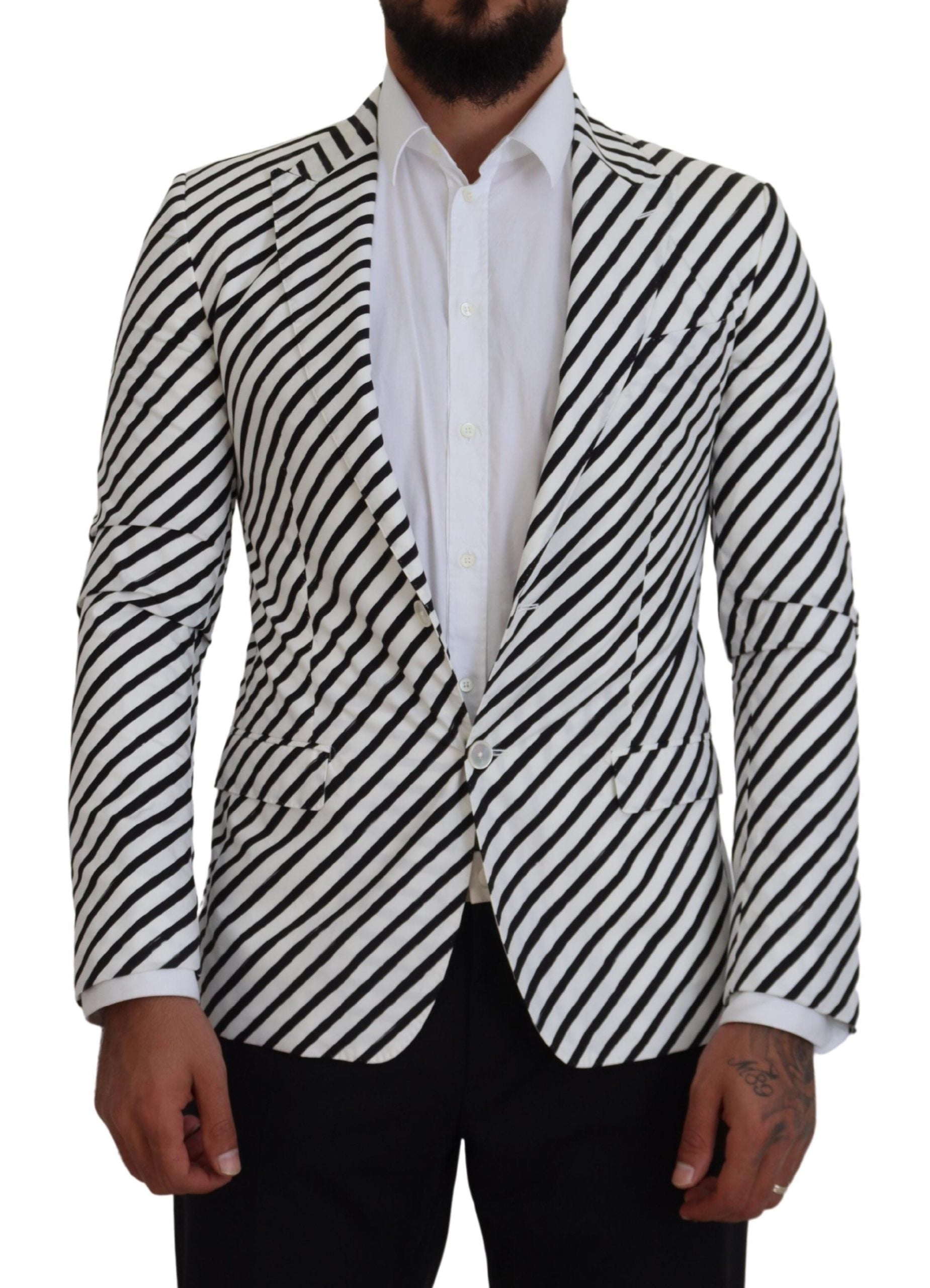 White and black striped slim fit jacket blazer by Dolce & Gabbana, tailored with a modern, stylish design.