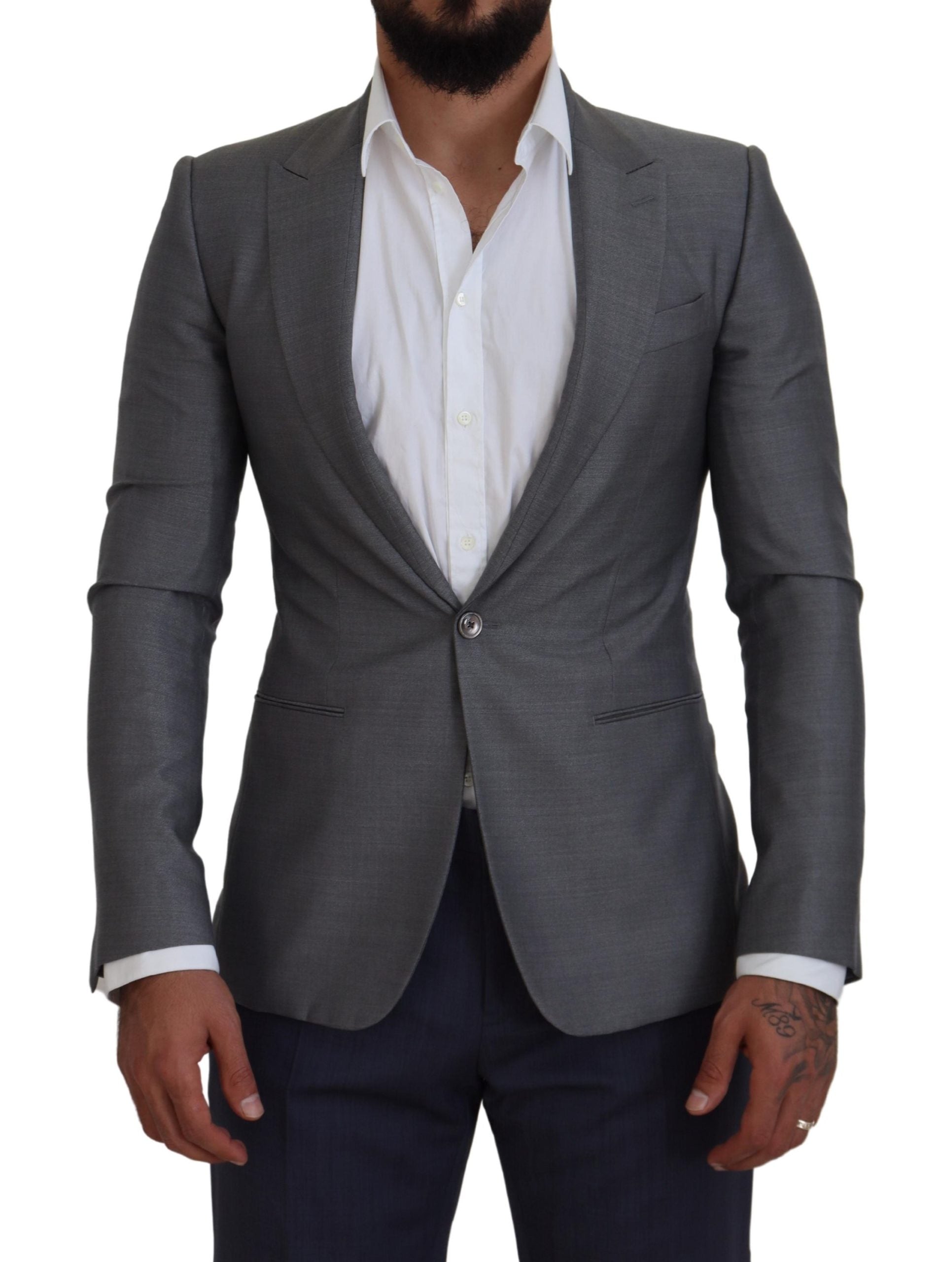 Gray wool silk slim fit blazer by Dolce & Gabbana, tailored jacket with notch lapel and single-breasted design.