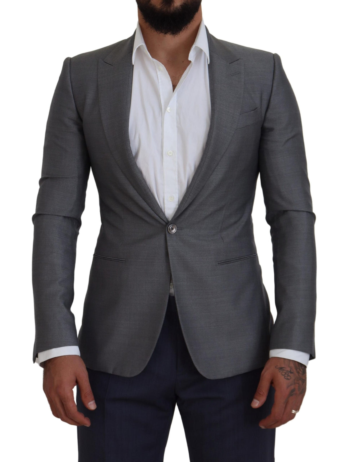 Gray wool silk slim fit blazer by Dolce & Gabbana, tailored jacket with notch lapel and single-breasted design.