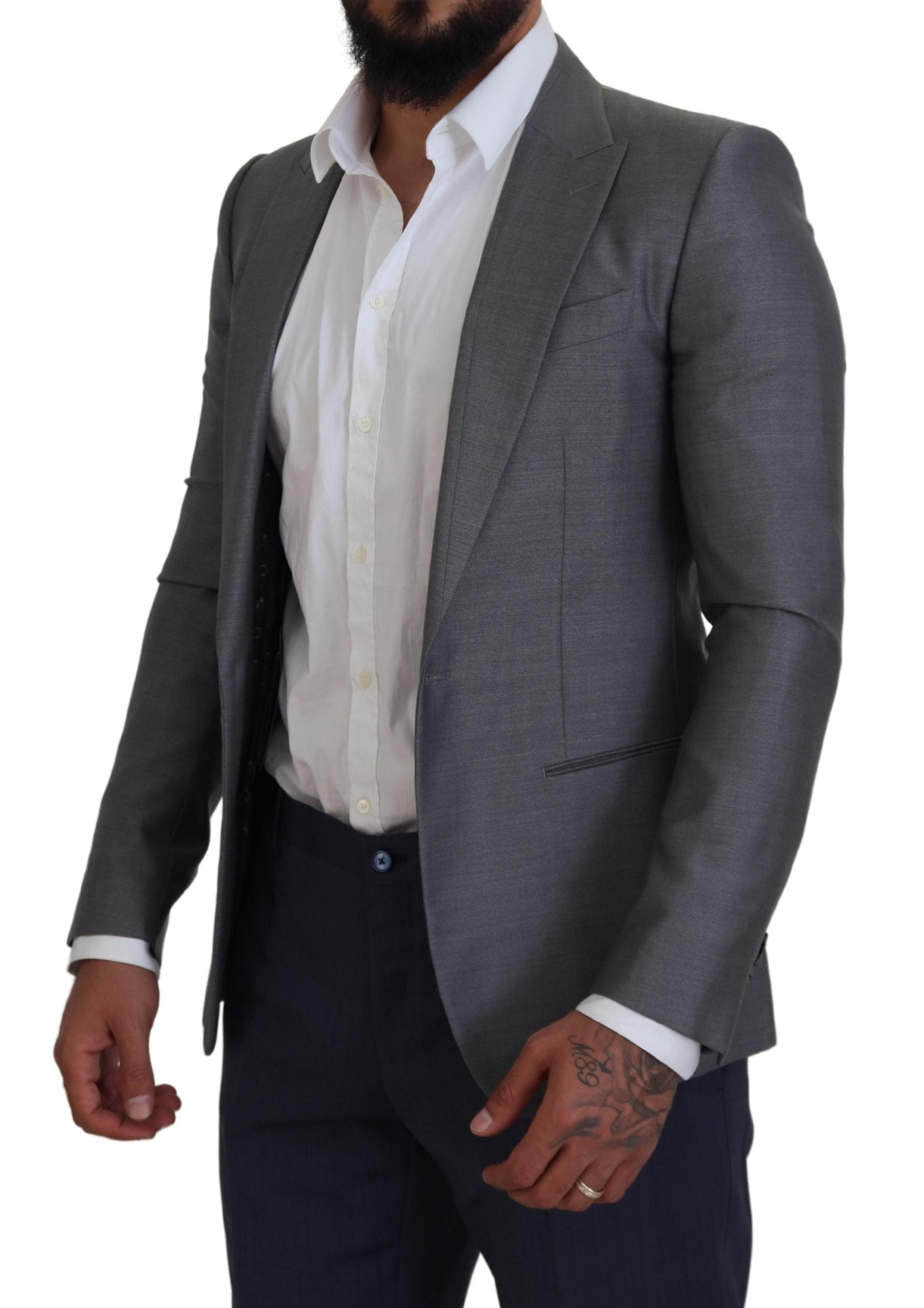 Gray wool silk slim fit blazer jacket by Dolce & Gabbana, featuring a tailored design and classic lapel collar.