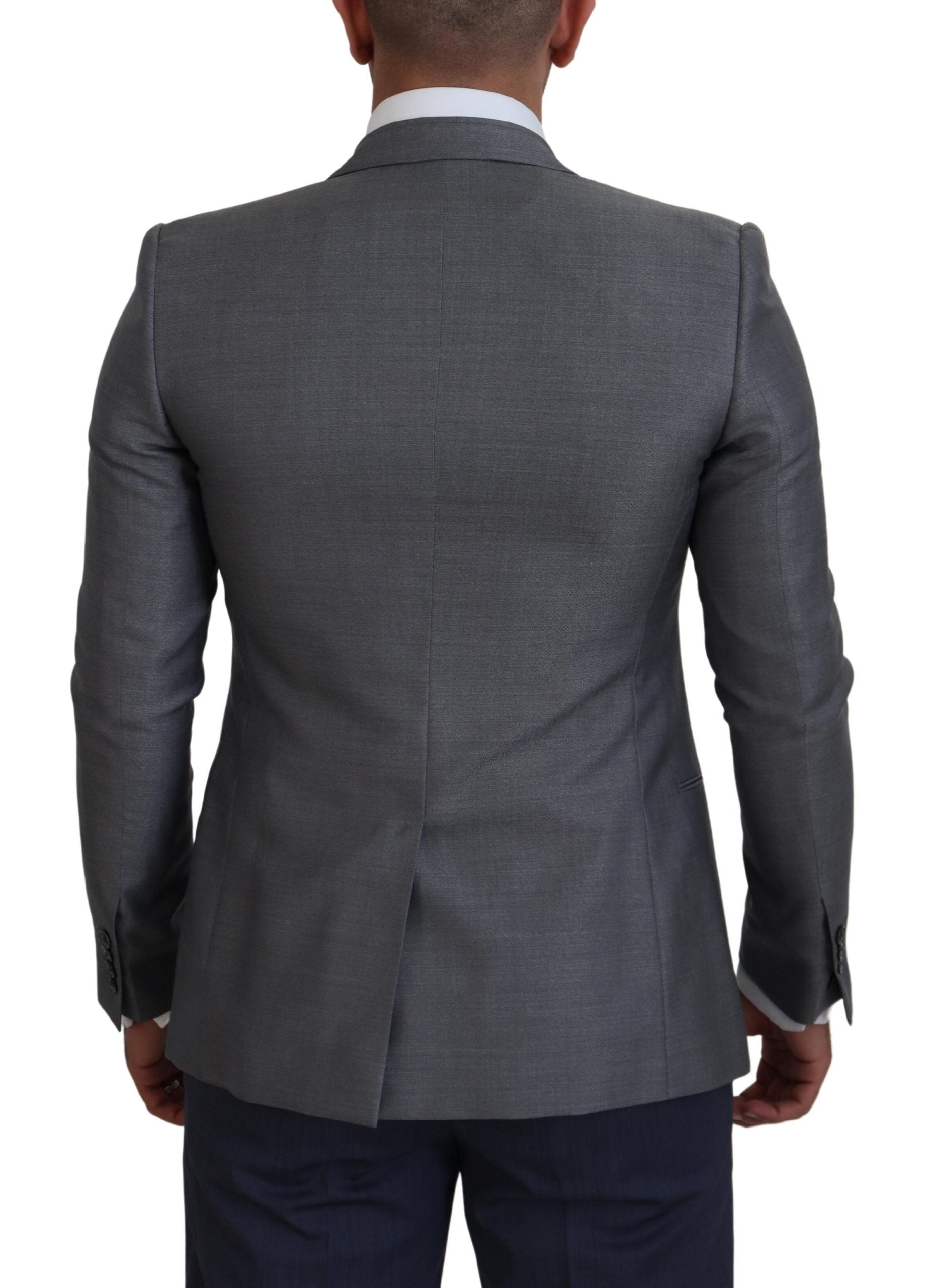 Gray wool silk slim fit blazer jacket by Dolce & Gabbana, tailored with a sleek lapel and structured design.