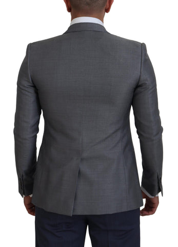 Gray wool silk slim fit blazer jacket by Dolce & Gabbana, tailored with a sleek lapel and structured design.