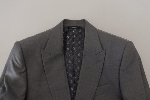 Gray wool silk slim fit blazer jacket by Dolce & Gabbana, tailored fit with lapel collar and stylish design.