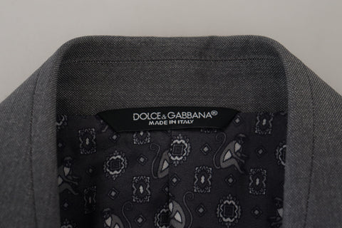 Gray wool silk slim fit jacket blazer by Dolce & Gabbana, showing tailored design and elegant lapel details.