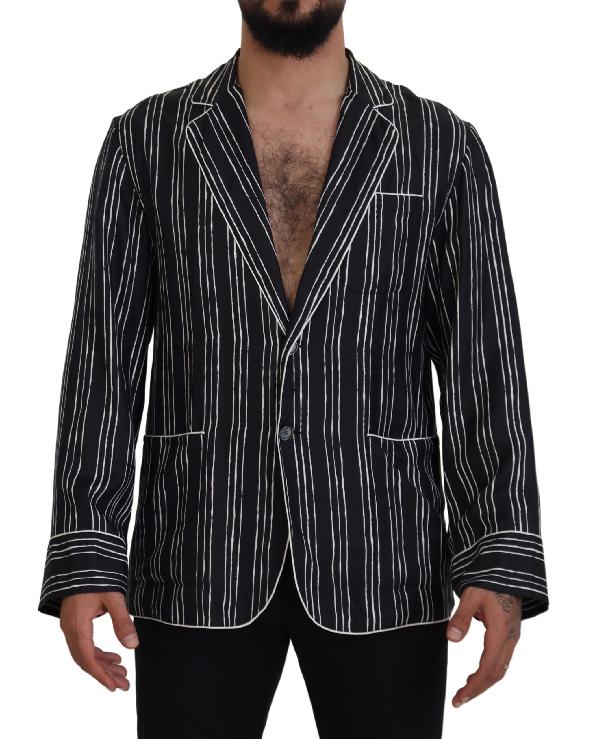 Blue striped silk pajama shirt jacket by Dolce & Gabbana, featuring a relaxed fit with button-front and collar detail.