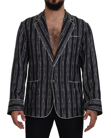 Blue striped silk pajama shirt jacket by Dolce & Gabbana, featuring a relaxed fit with button-front and collar detail.