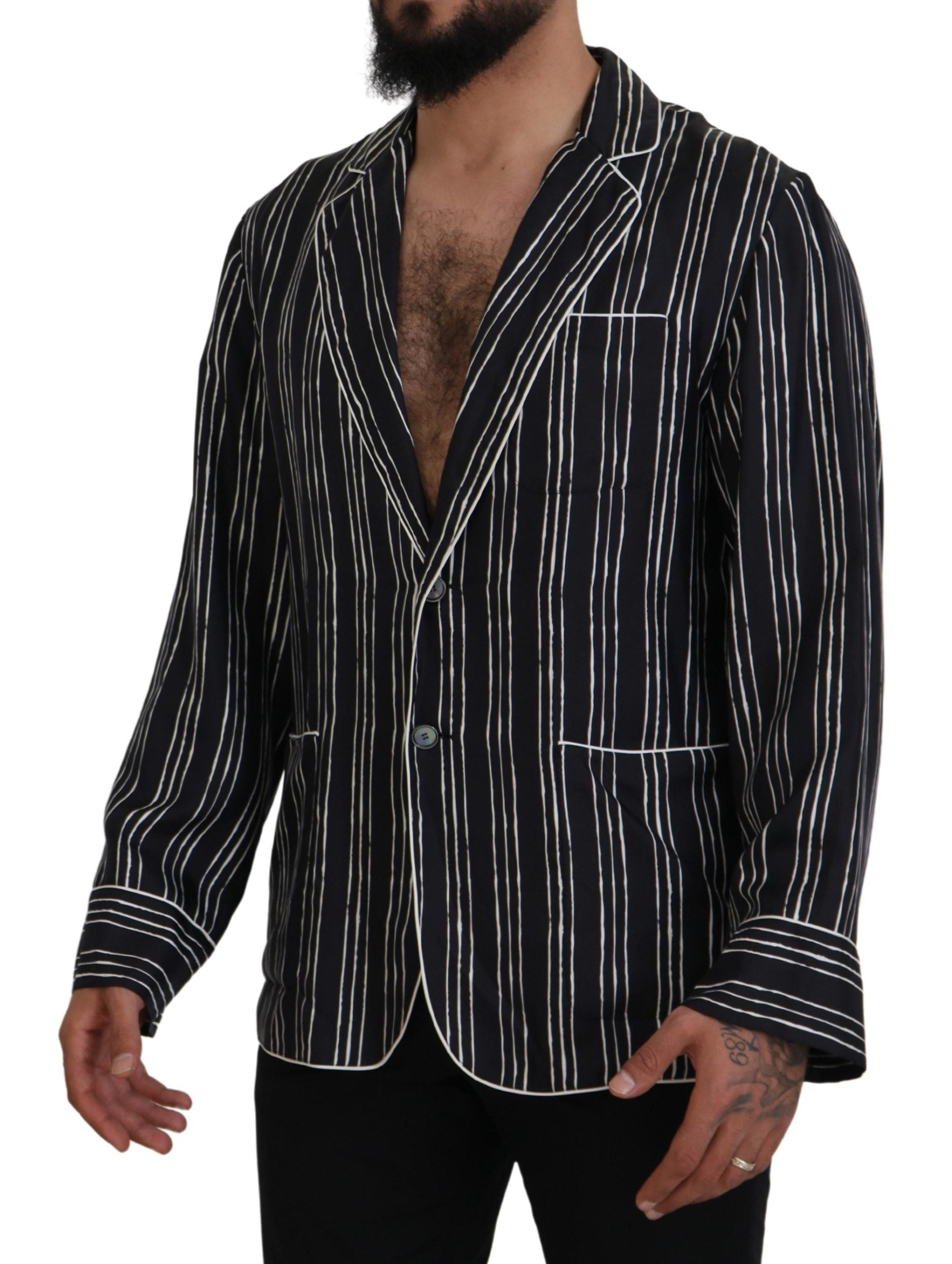 Blue striped silk pajama shirt jacket by Dolce & Gabbana featuring a relaxed fit and elegant design.