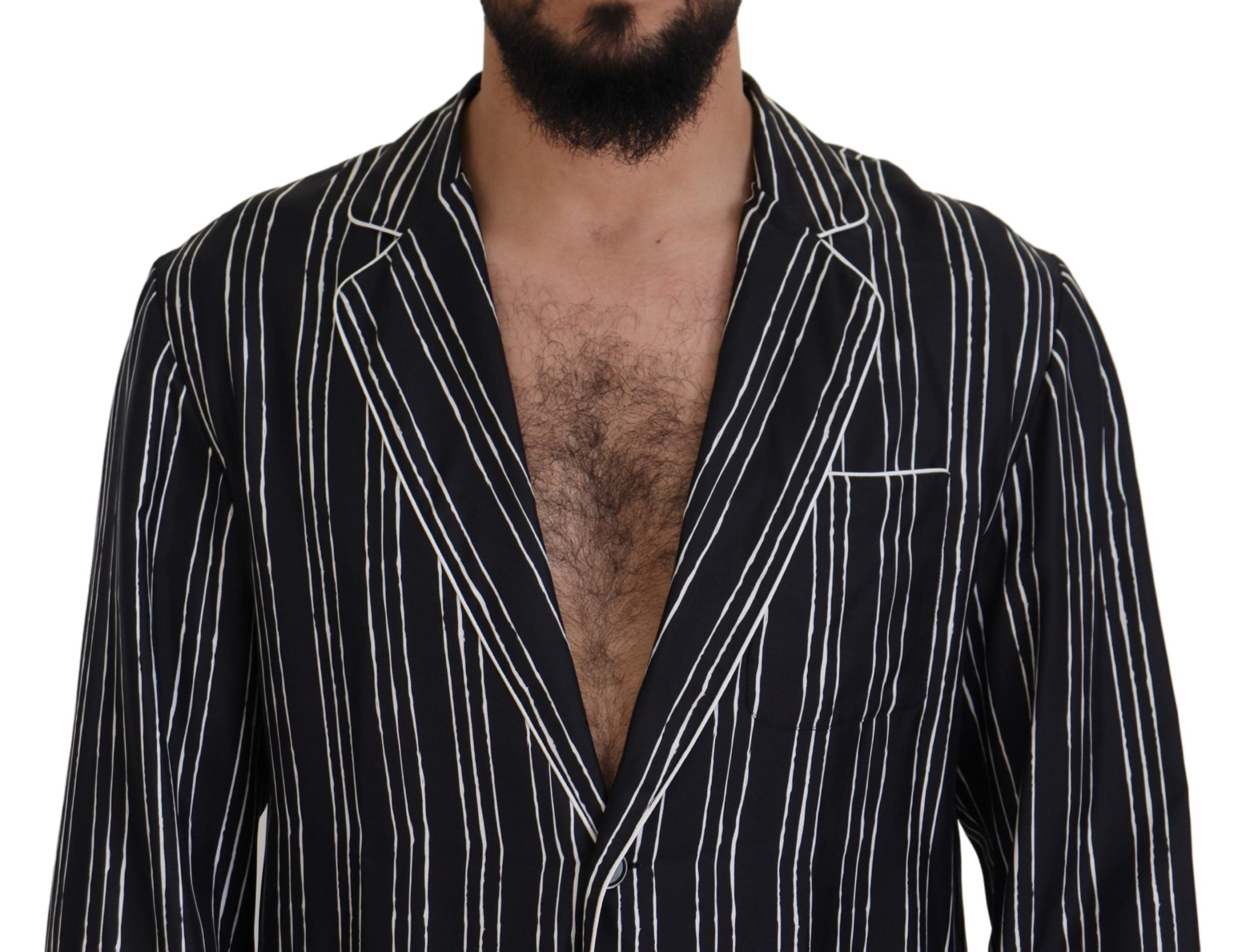 Blue striped silk pajama shirt jacket by Dolce & Gabbana, featuring a relaxed fit and elegant button-front design.