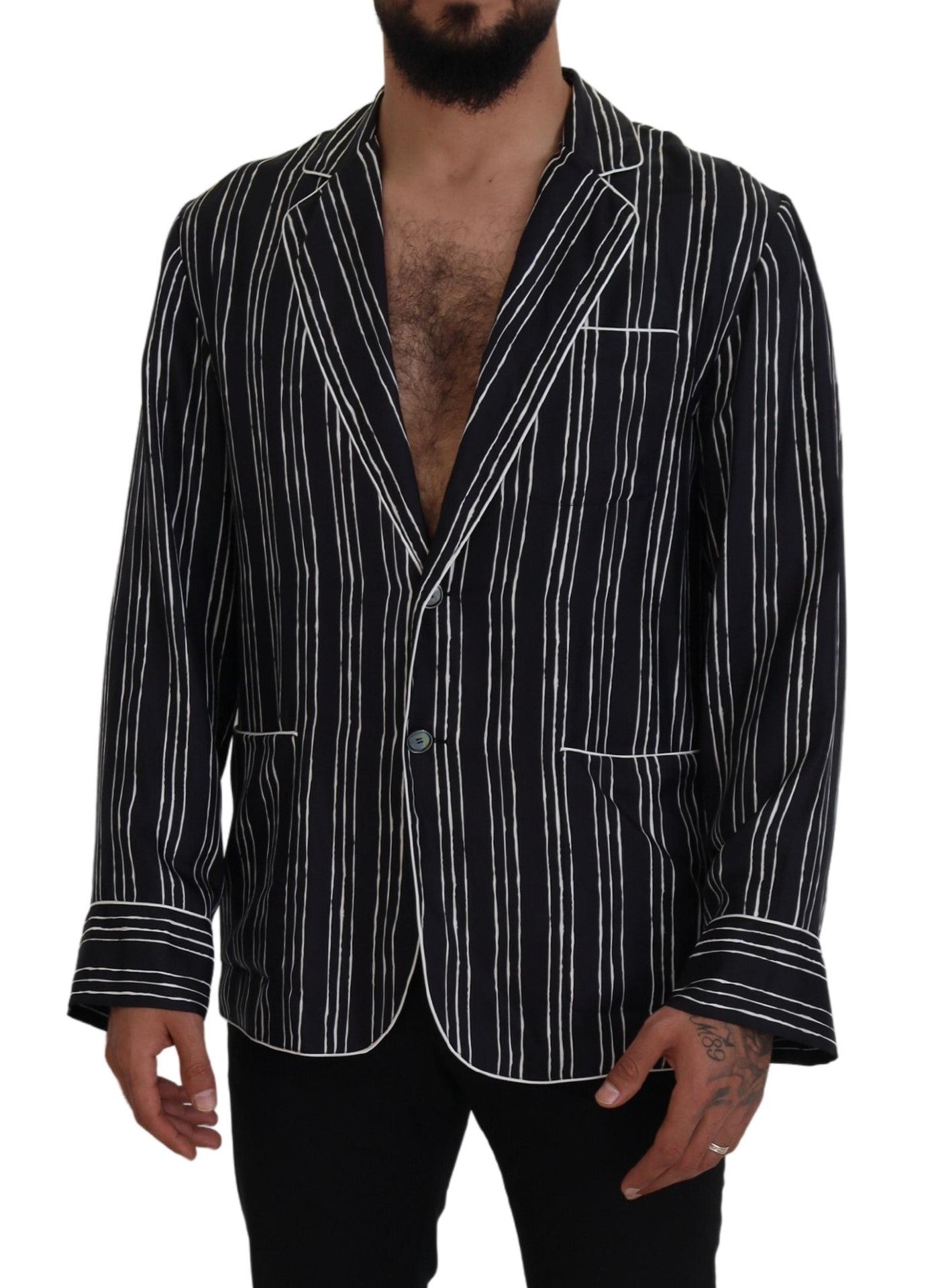 Blue striped silk pajama shirt jacket by Dolce & Gabbana with a relaxed fit and button-front design.