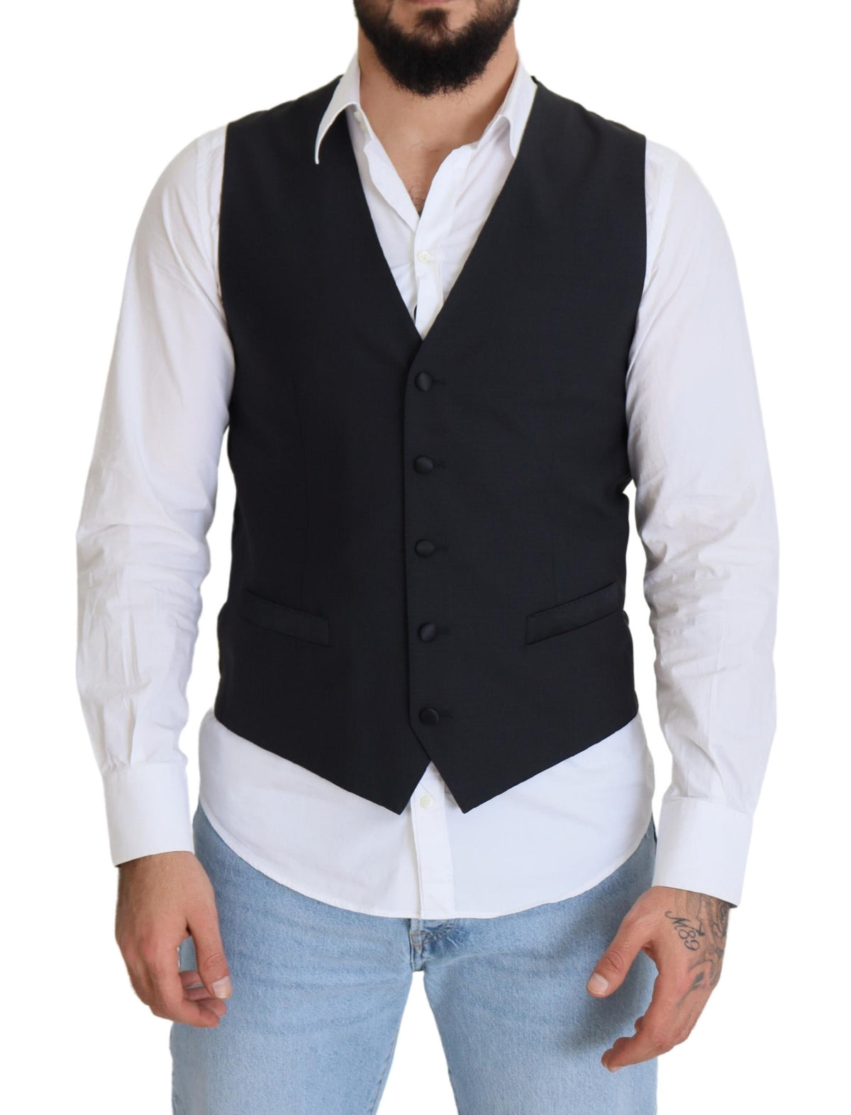 Dark Blue Wool Stretch Waistcoat Formal Vest - Jag Couture London