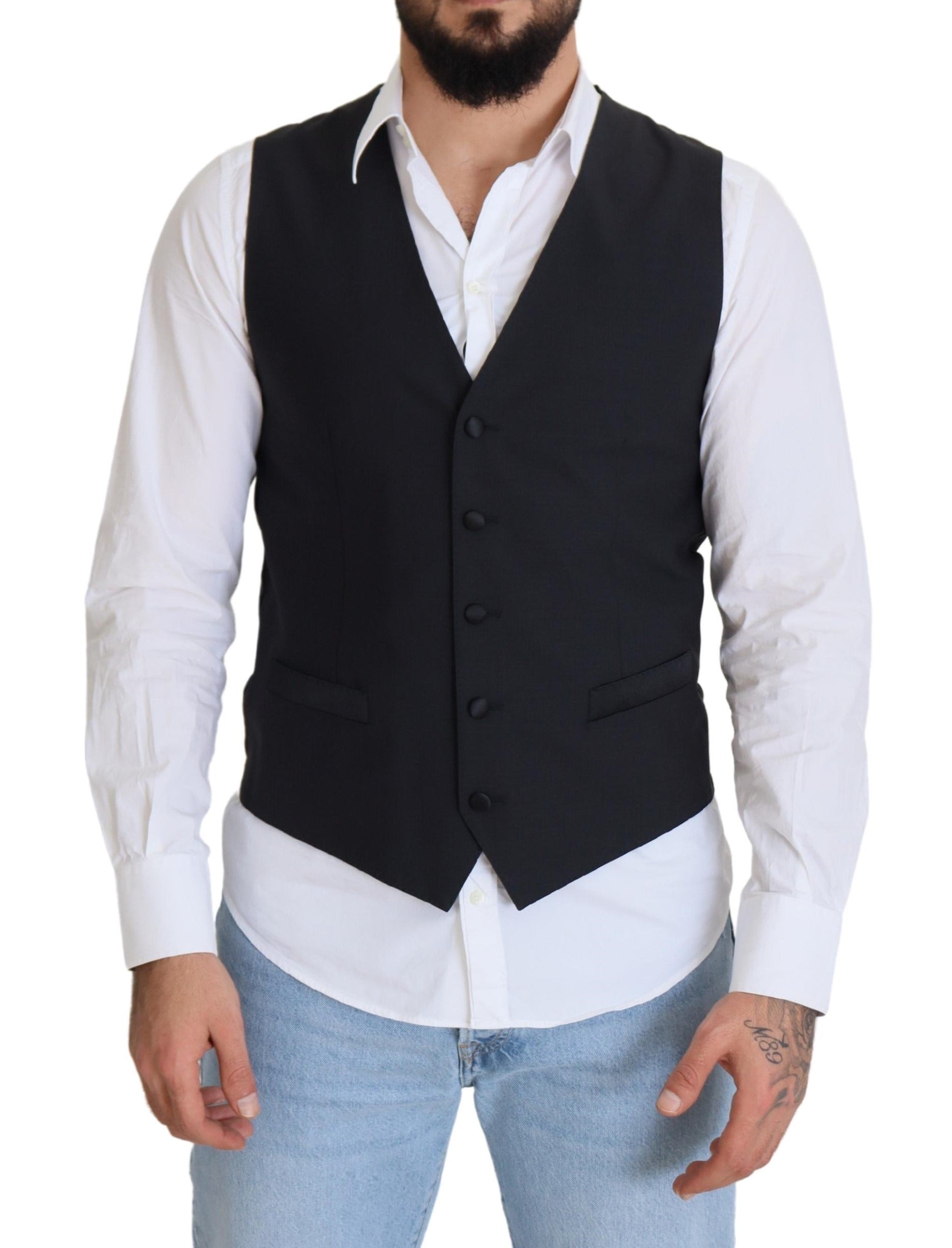 Dark Blue Wool Stretch Waistcoat Formal Vest - Jag Couture London