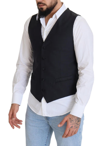 Black wool stretch waistcoat formal vest by Dolce & Gabbana, featuring a tailored fit and classic design.