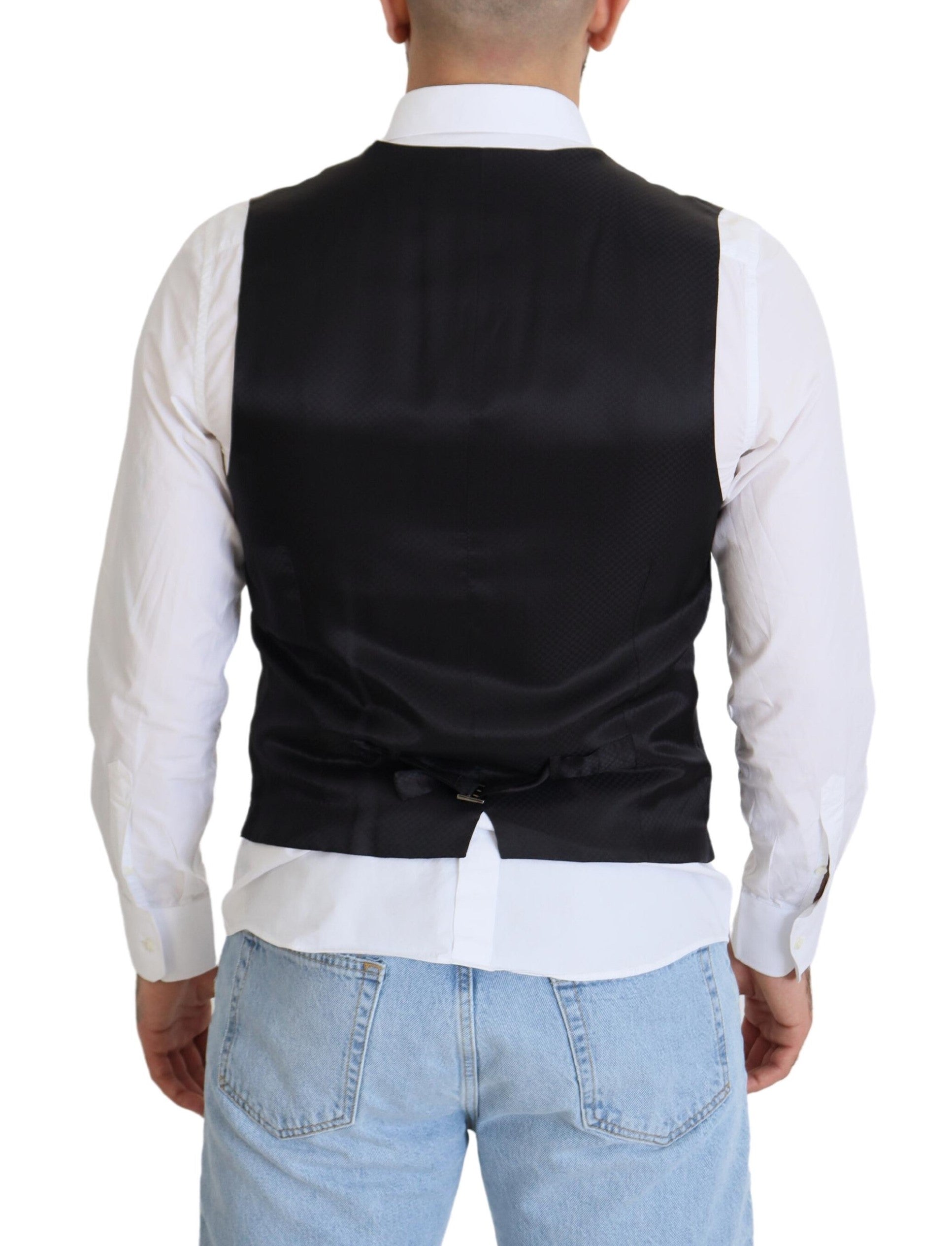 Black wool stretch waistcoat formal vest by Dolce & Gabbana, featuring a tailored fit and classic design.