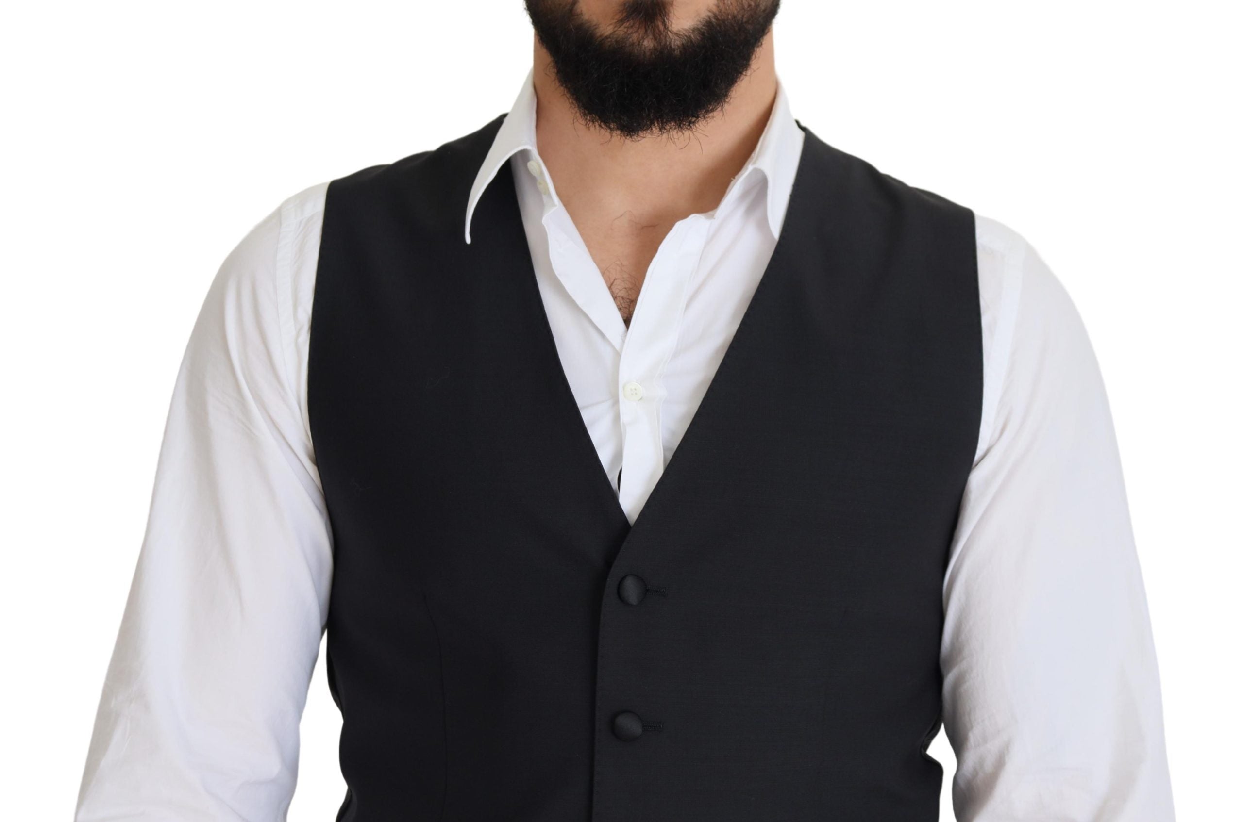 Black wool stretch waistcoat formal vest by Dolce & Gabbana, featuring a tailored fit and classic design.