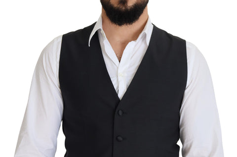 Black wool stretch waistcoat formal vest by Dolce & Gabbana, featuring a tailored fit and classic design.
