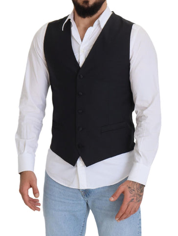 Black wool stretch waistcoat formal vest by Dolce & Gabbana, featuring a tailored fit and classic design.