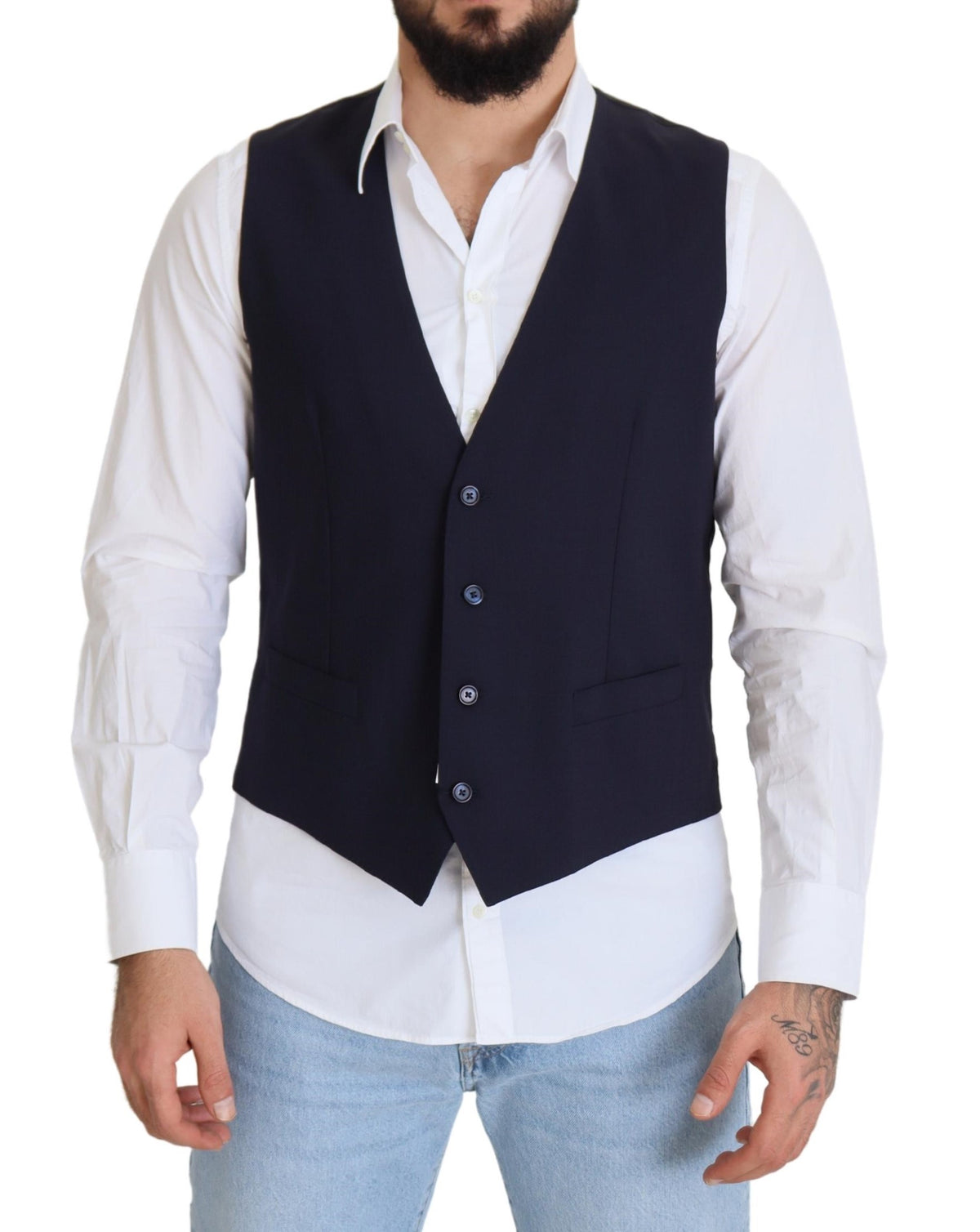Dark blue wool stretch waistcoat by Dolce & Gabbana, formal vest with tailored fit and button closure, shown on a hanger.