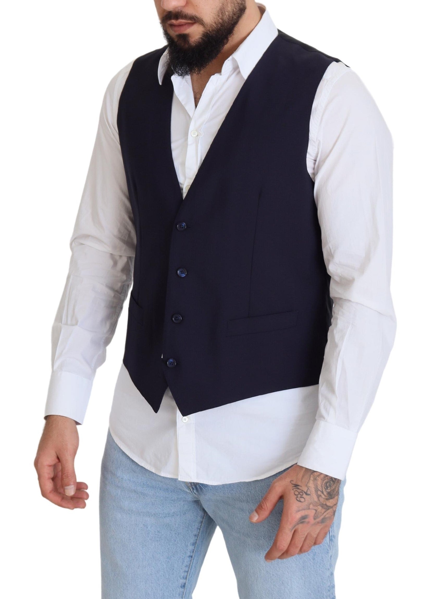 Dark blue wool stretch waistcoat by Dolce & Gabbana, formal vest with tailored fit and classic lapel details.