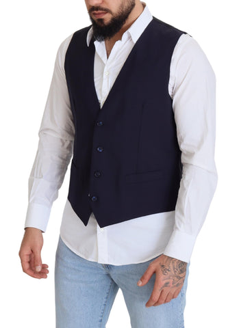 Dark blue wool stretch waistcoat by Dolce & Gabbana, formal vest with tailored fit and classic lapel details.