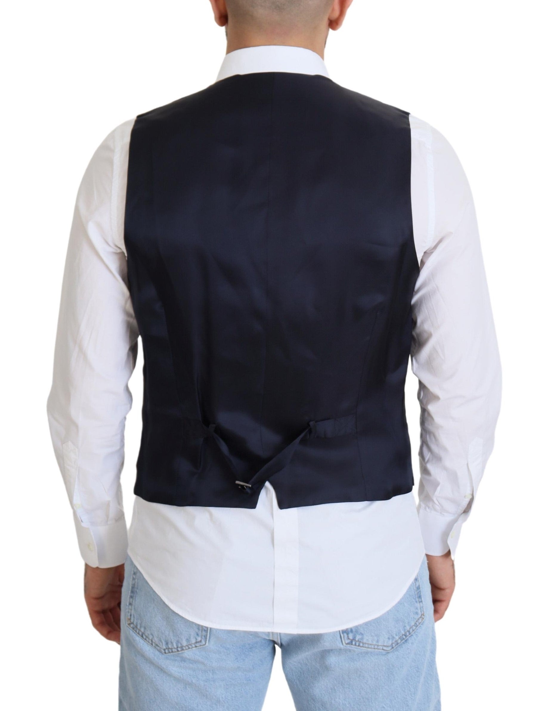 Dark blue wool stretch waistcoat by Dolce & Gabbana, formal vest with tailored fit and classic lapel details.