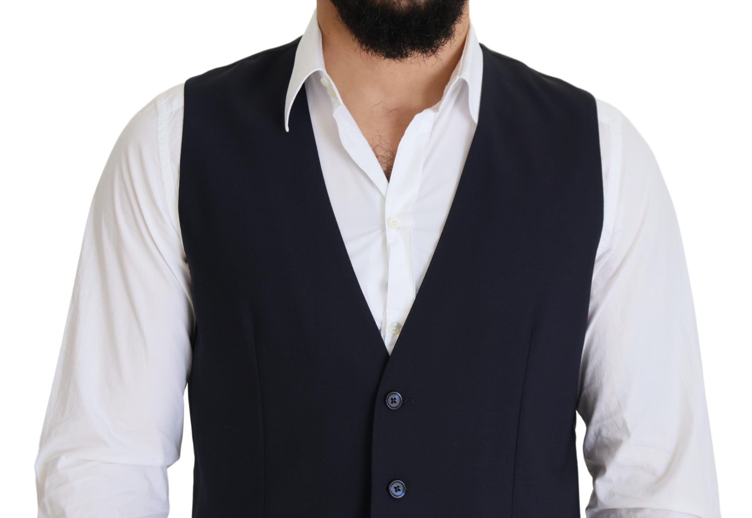 Dark blue wool stretch waistcoat by Dolce & Gabbana, formal vest with tailored fit and classic design.