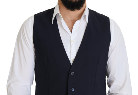 Dark blue wool stretch waistcoat by Dolce & Gabbana, formal vest with tailored fit and classic design.