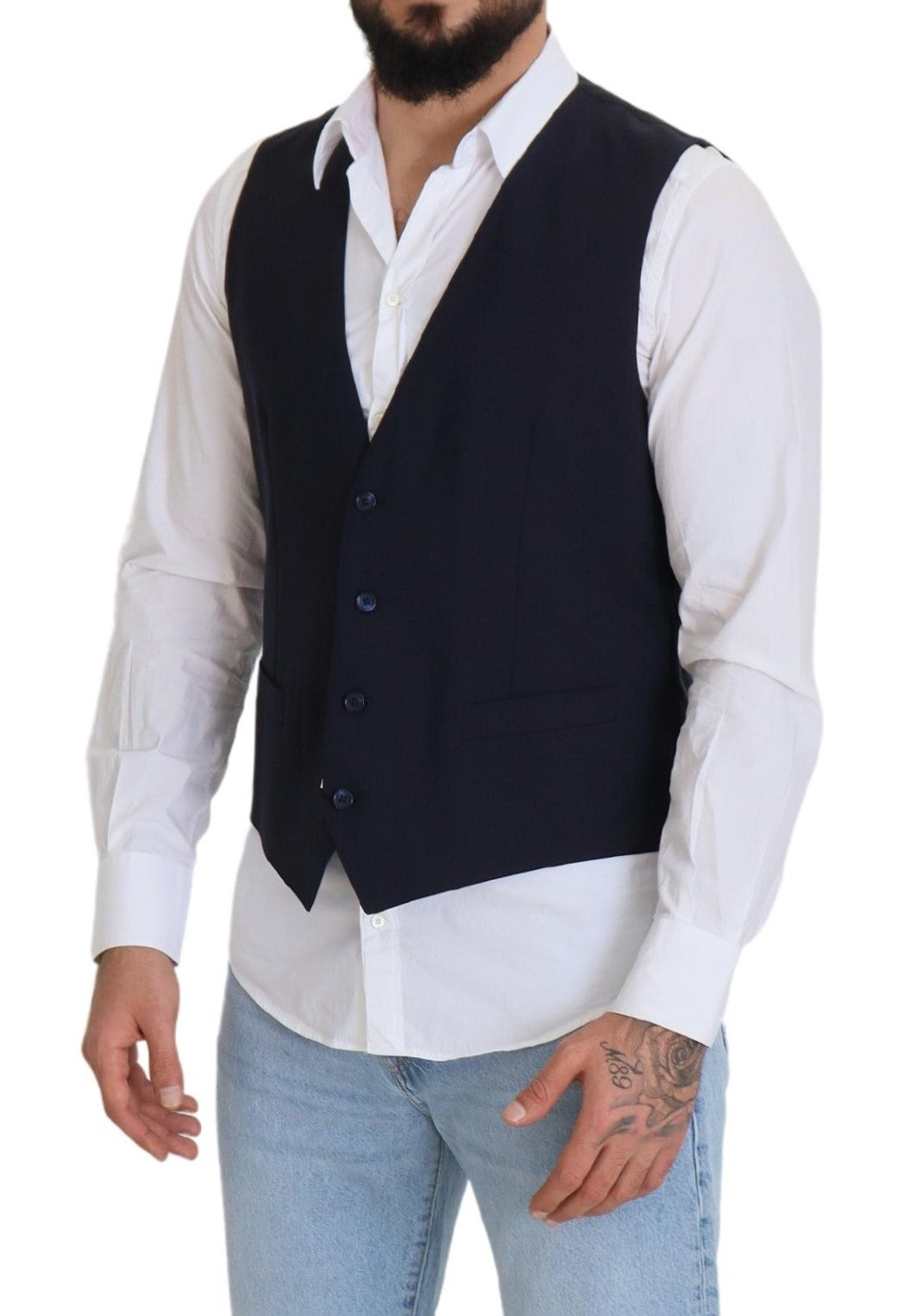 Dark blue wool stretch waistcoat by Dolce & Gabbana, formal vest with tailored fit and button closure.