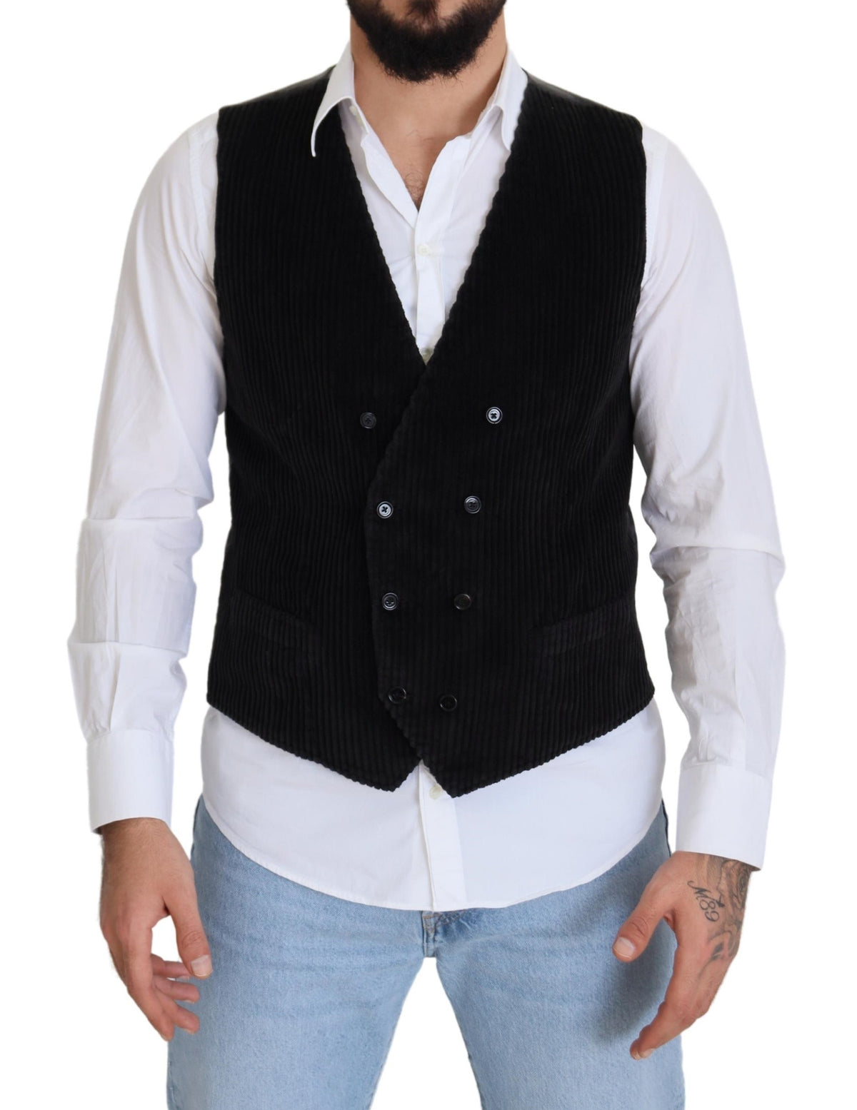 Black cotton double-breasted waistcoat vest by Dolce & Gabbana, front view showing tailored fit and classic lapel design.