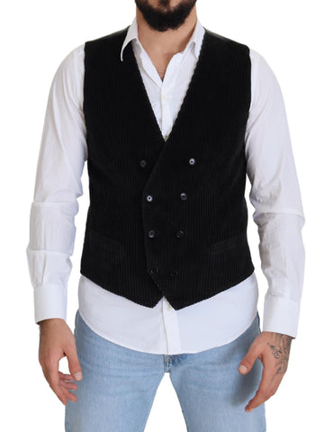 Black cotton double-breasted waistcoat vest by Dolce & Gabbana, front view showing tailored fit and classic lapel design.