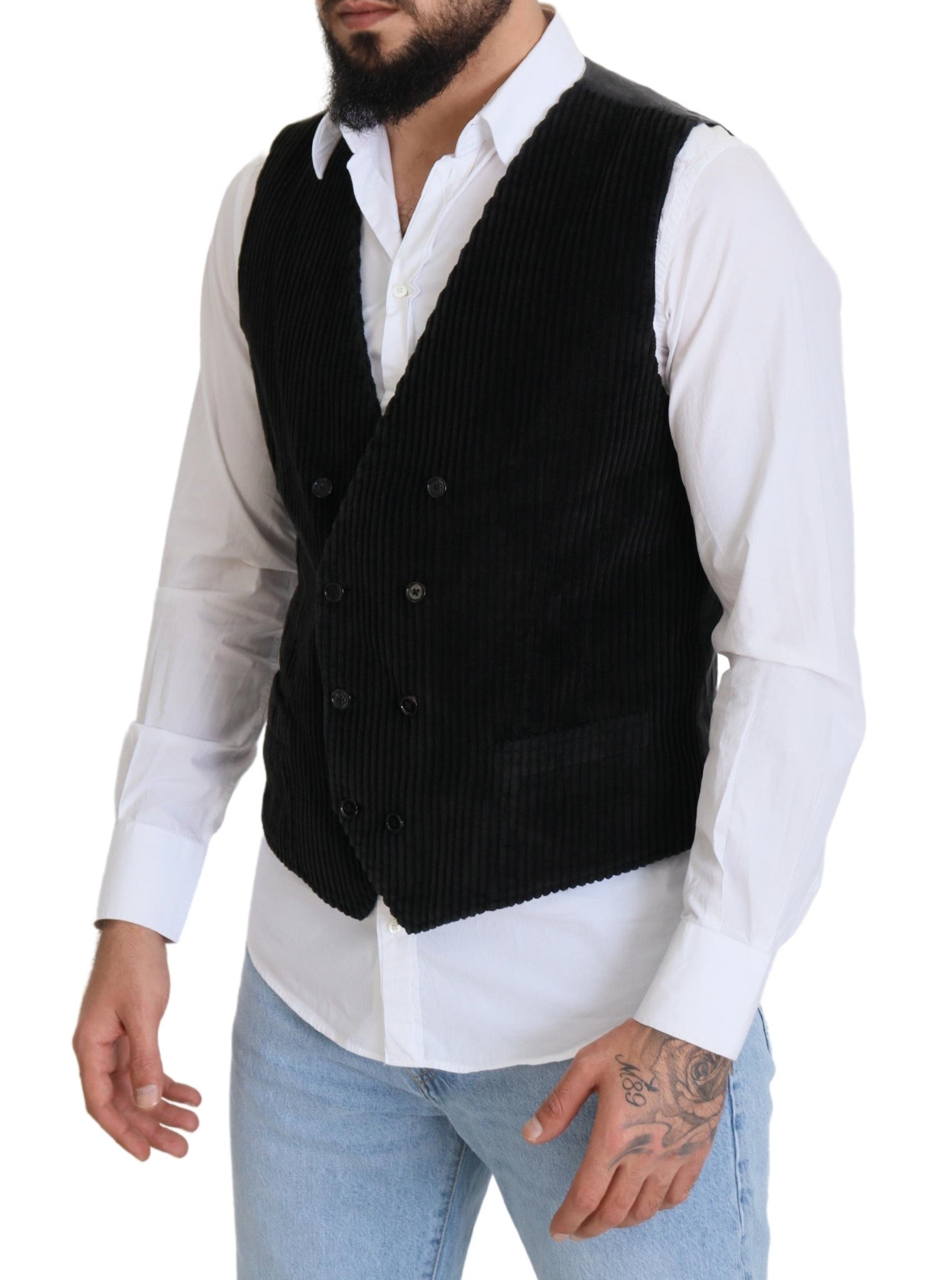 Black cotton double-breasted waistcoat vest by Dolce & Gabbana, featuring tailored fit and classic design details.